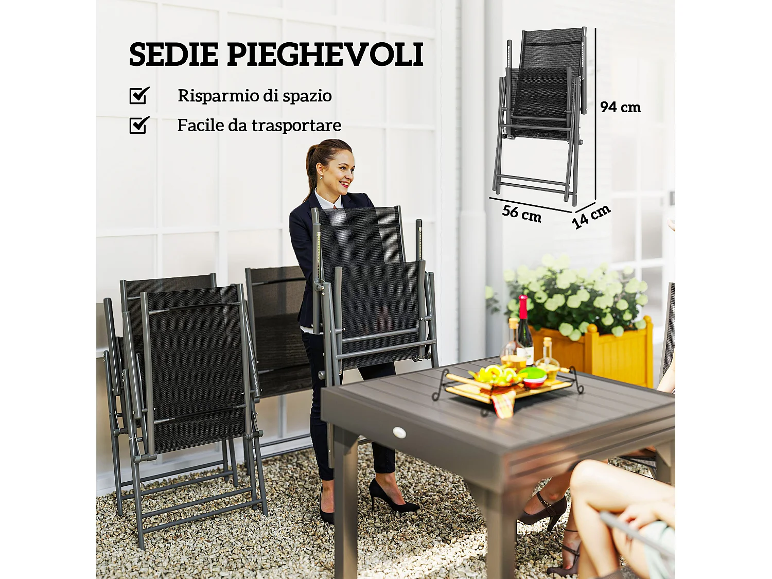Set da giardino 7 pezzi con 6 sedie pieghevoli e tavolo allungabile
