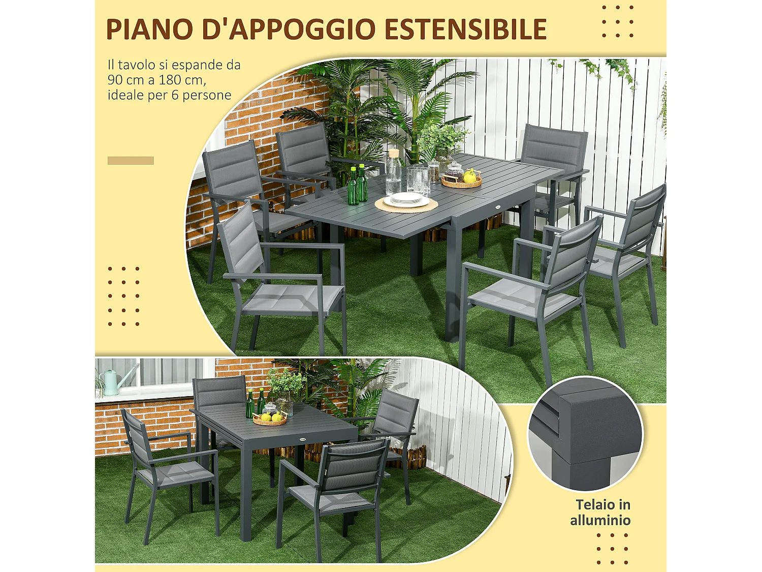 Set 7pz tavolo allungabile e 6 sedie da esterno in alluminio
