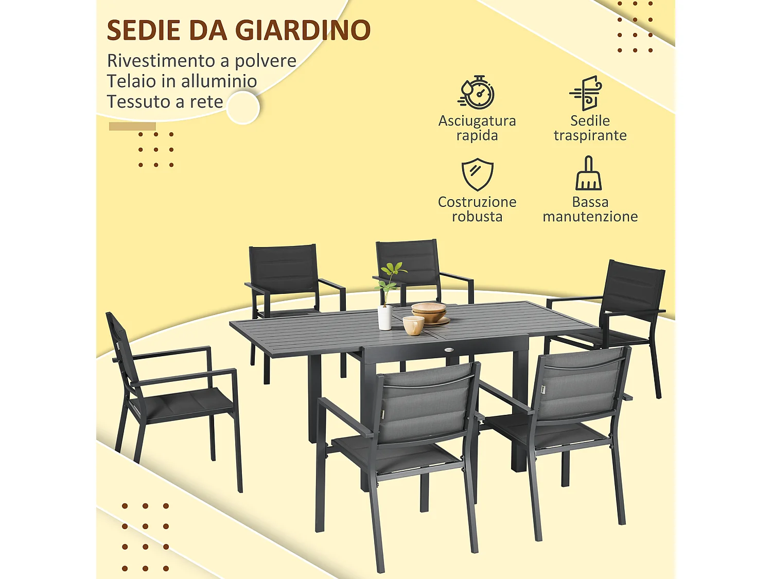 Set 7pz tavolo allungabile e 6 sedie da esterno in alluminio