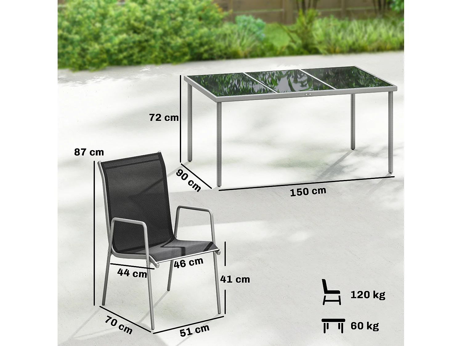 Set da esterno 7pz con 6 sedie e tavolino nero argento