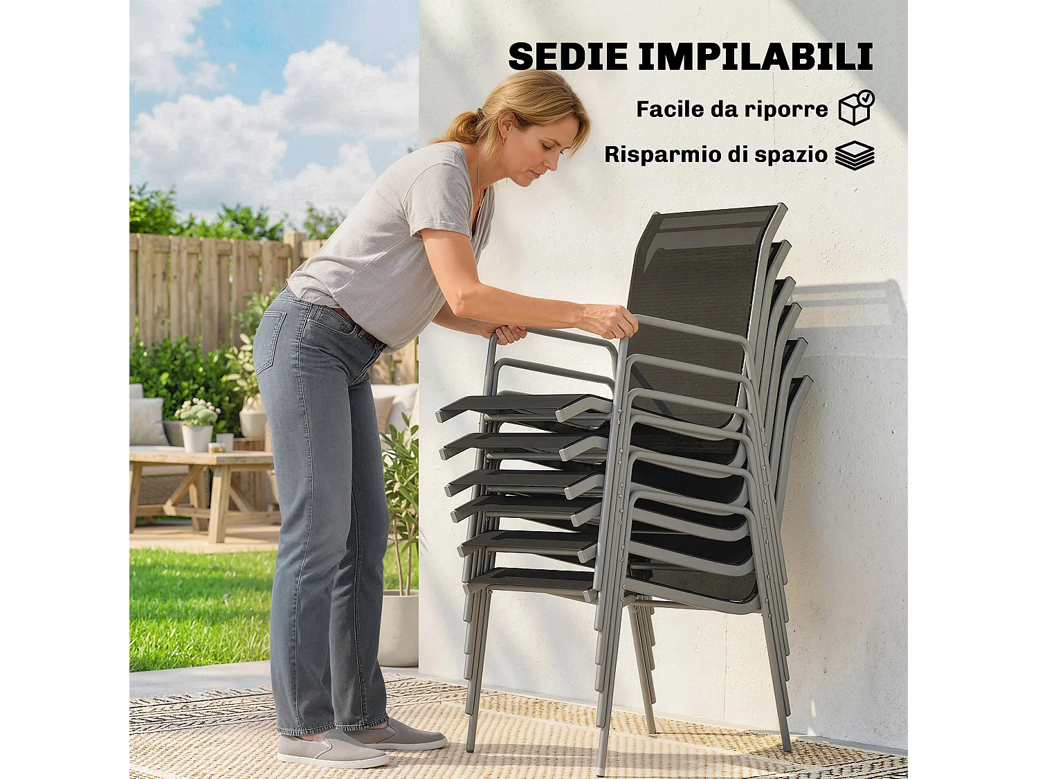 Set da esterno 7pz con 6 sedie e tavolino nero argento