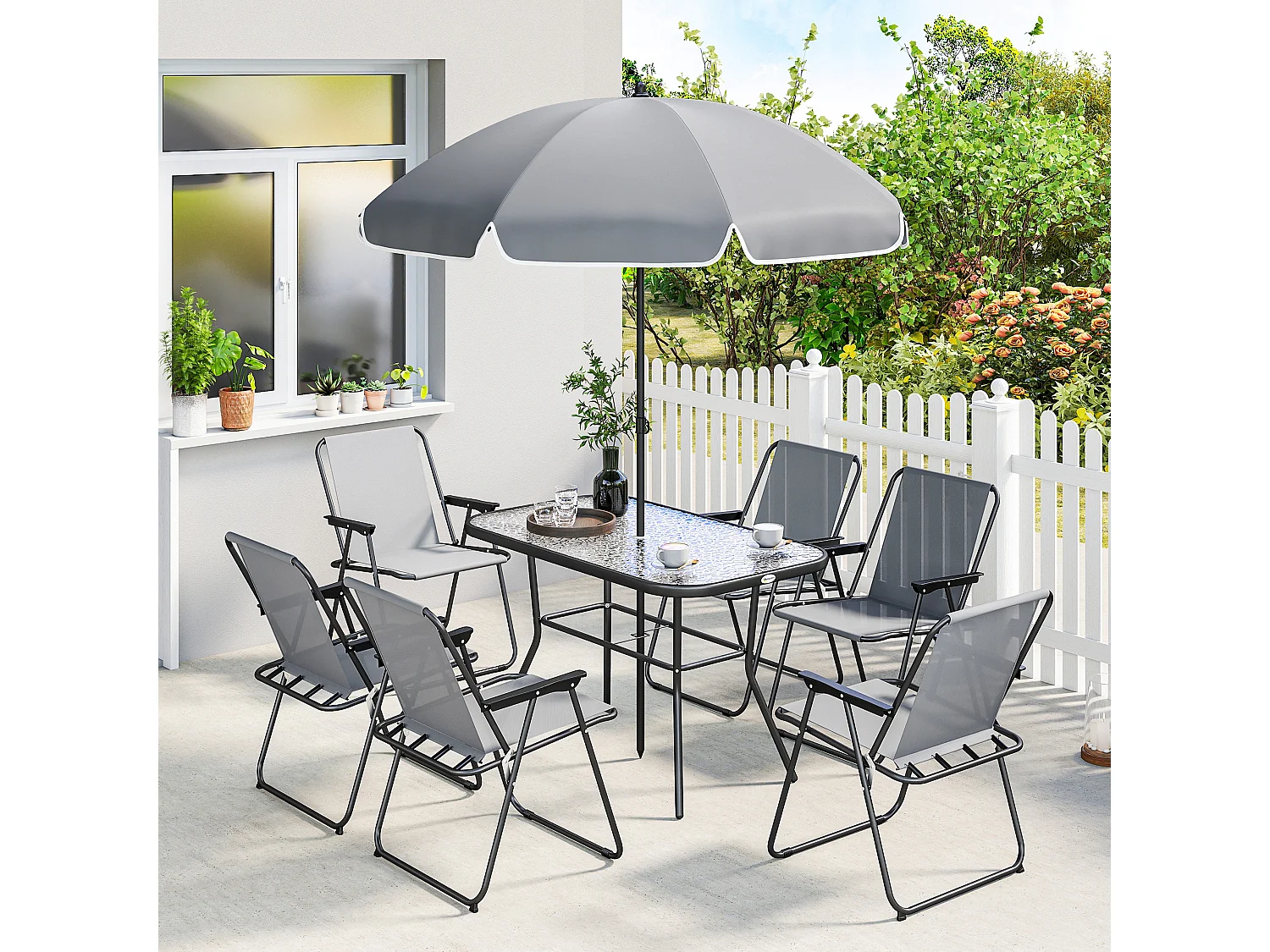 Set da giardino con ombrellone, 6 sedie e tavolo grigio