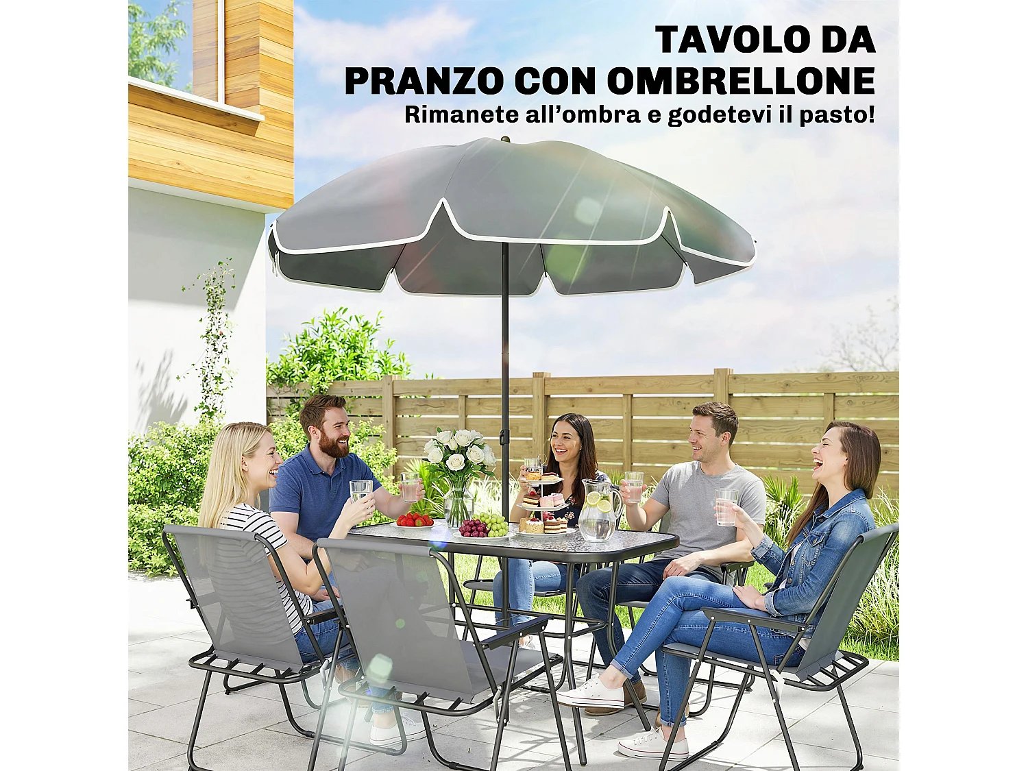 Set da giardino con ombrellone, 6 sedie e tavolo grigio