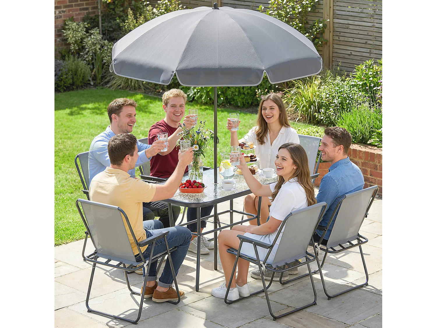 Set da giardino con ombrellone, 6 sedie e tavolo grigio