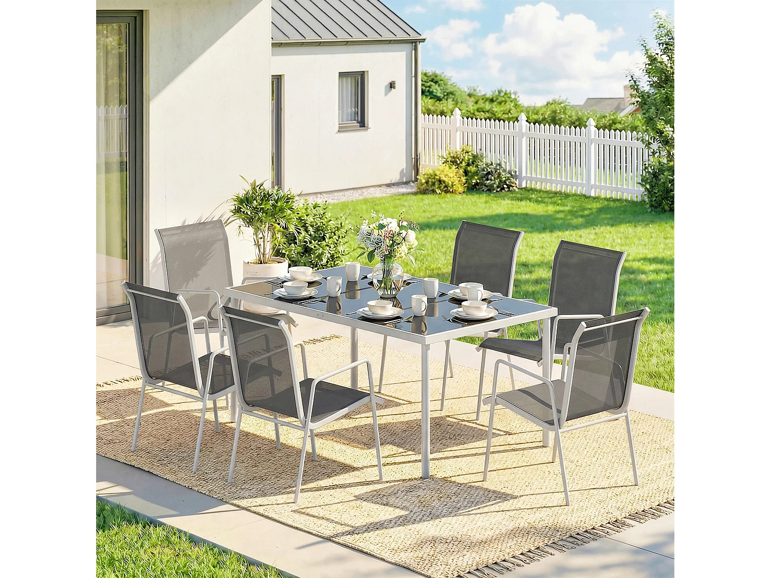 Set da pranzo 7 pezzi metallo e vetro grigio