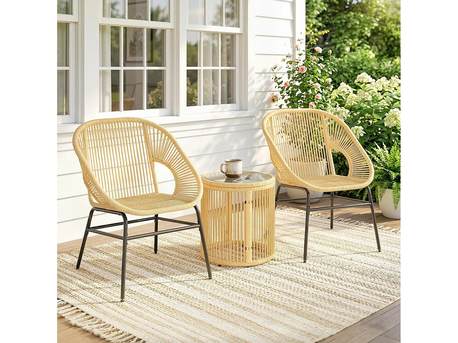 Set da bistrò da 3 pezzi per esterni in rattan e acciaio beige