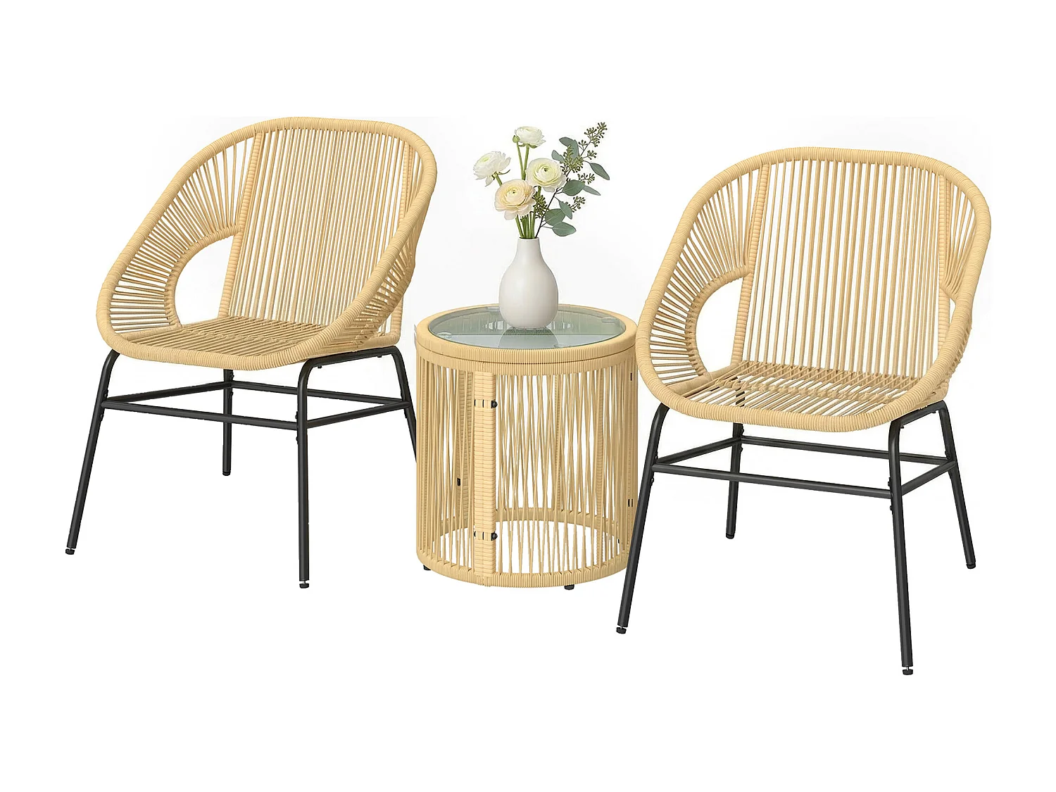Set da bistrò da 3 pezzi per esterni in rattan e acciaio beige