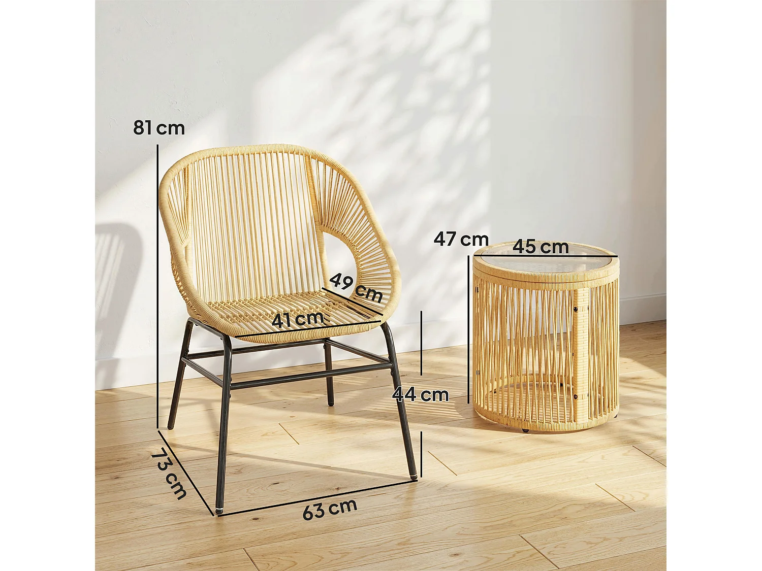 Set da bistrò da 3 pezzi per esterni in rattan e acciaio beige