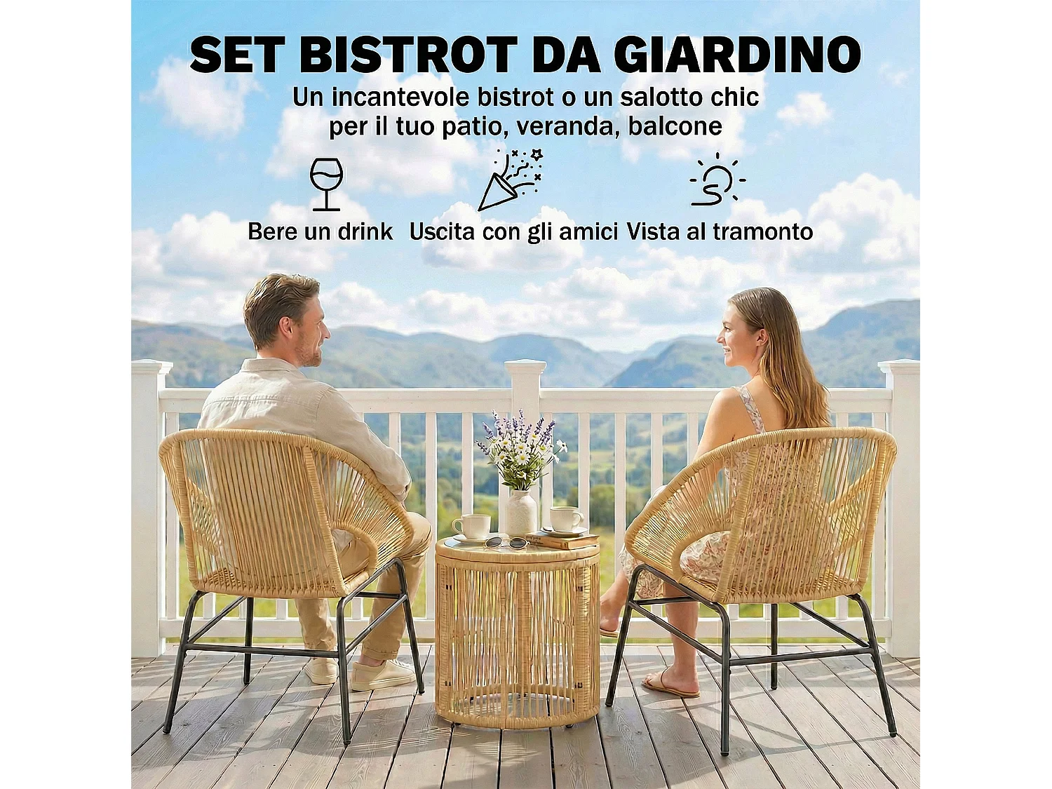 Set da bistrò da 3 pezzi per esterni in rattan e acciaio beige