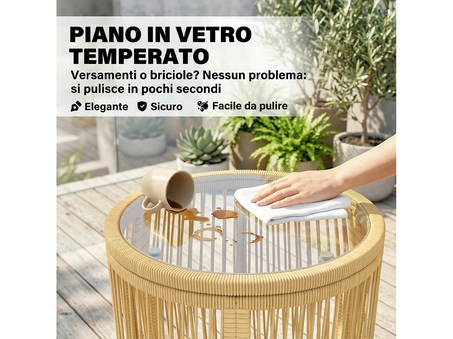 Set da bistrò da 3 pezzi per esterni in rattan e acciaio beige