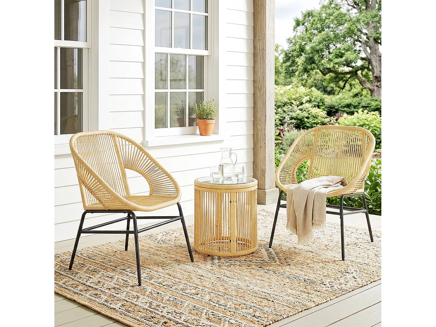 Set da bistrò da 3 pezzi per esterni in rattan e acciaio beige