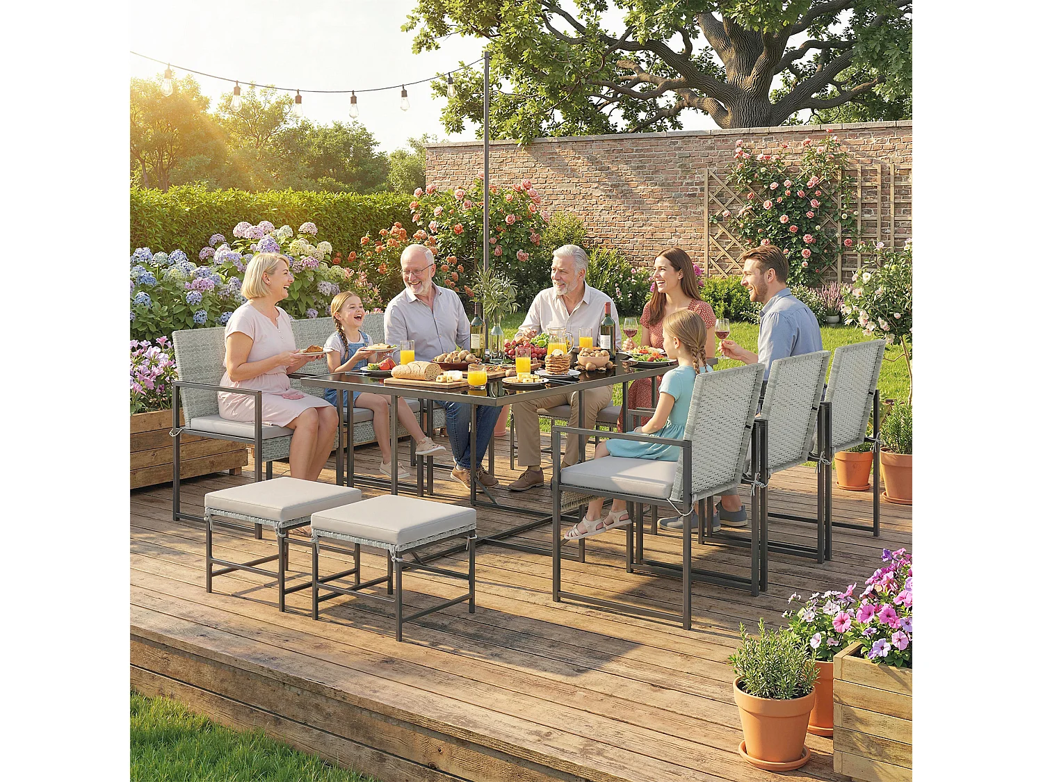 Set da pranzo 11 pezzi da giardino in rattan grigio