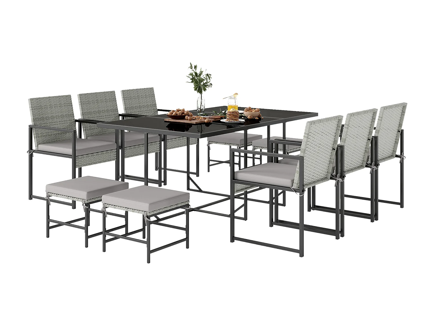 Set da pranzo 11 pezzi da giardino in rattan grigio