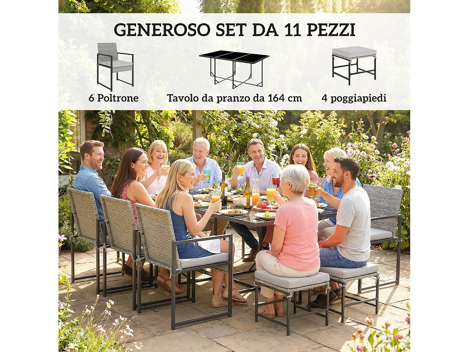 Set da pranzo 11 pezzi da giardino in rattan grigio