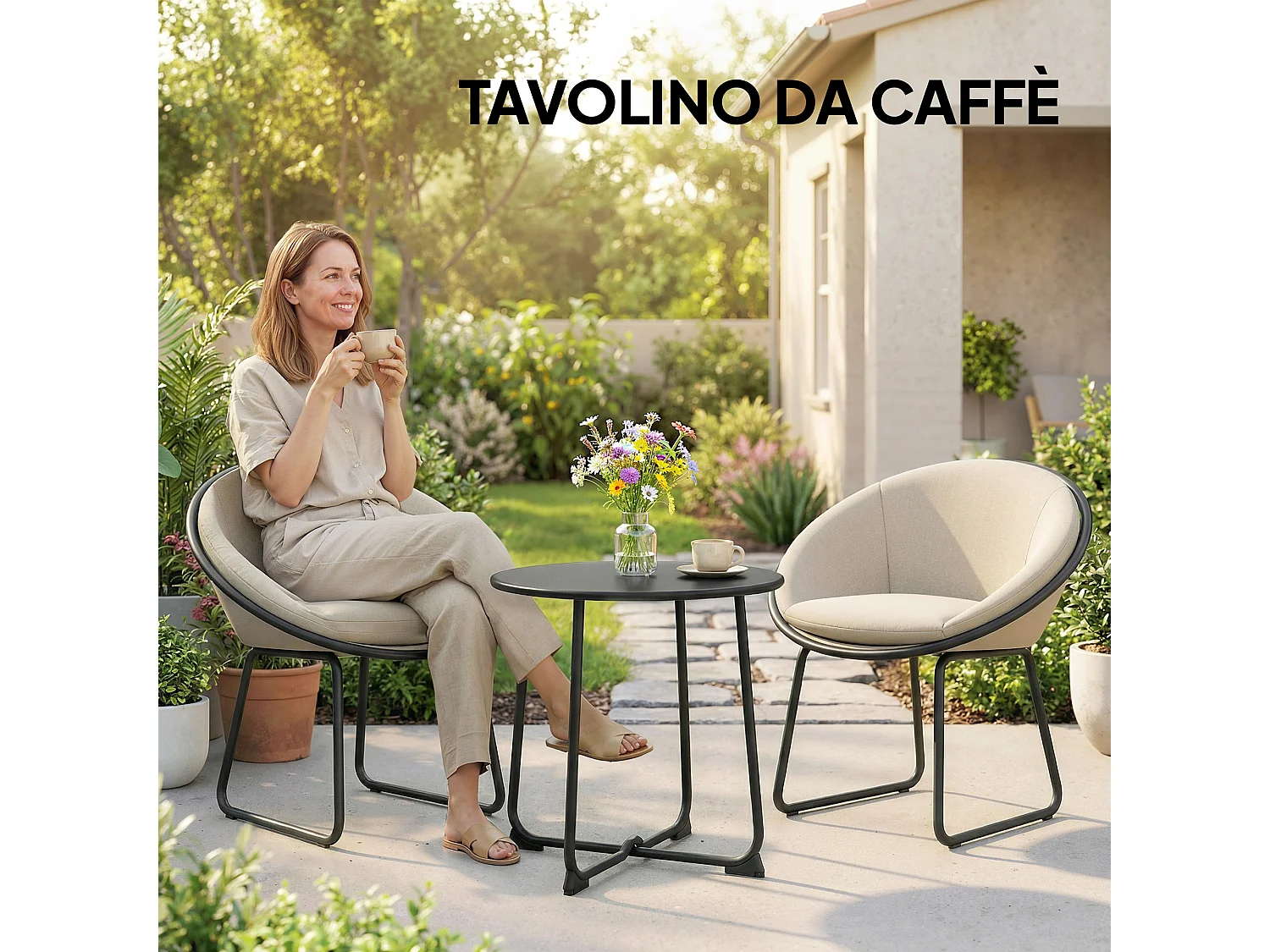 Tavolino da caffè rotondo da esterno in metallo nero