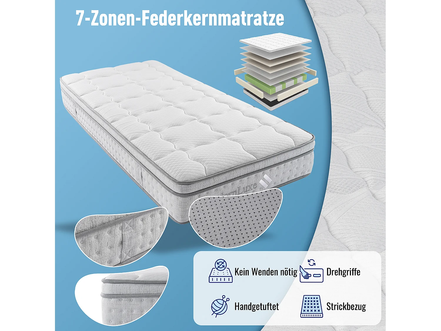 Matelas à ressorts - 90 x 200 cm - 7 zones - en mousse froide de 25 cm d'épaisseur - Polyester - blanc