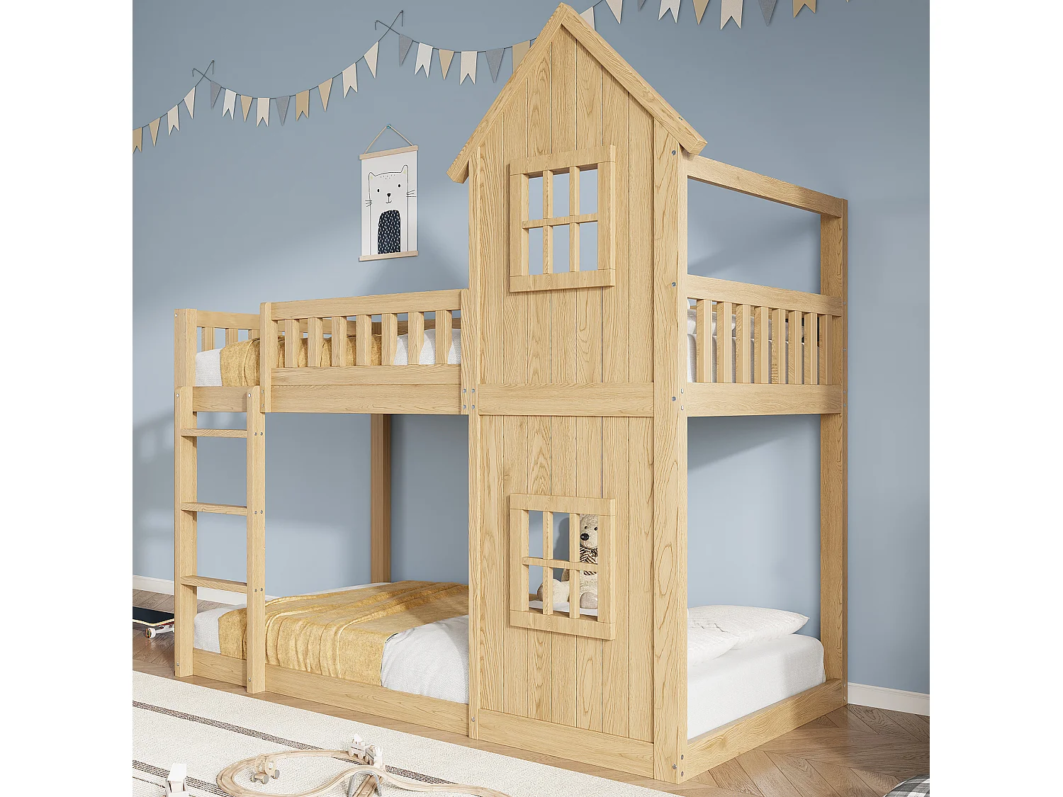 Barnsäng - 2 x 90 x 200 cm - med 2 fönster + trappa + skyddsräcke - furu och MDF - naturfärgad