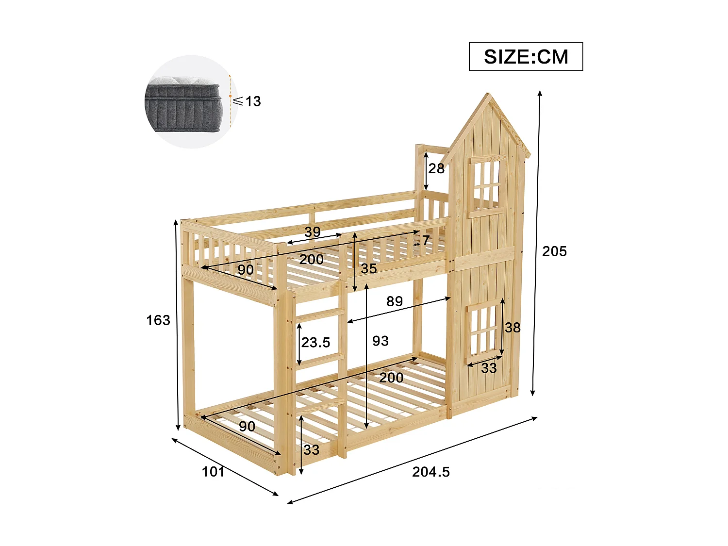 Barnsäng - 2 x 90 x 200 cm - med 2 fönster + trappa + skyddsräcke - furu och MDF - naturfärgad