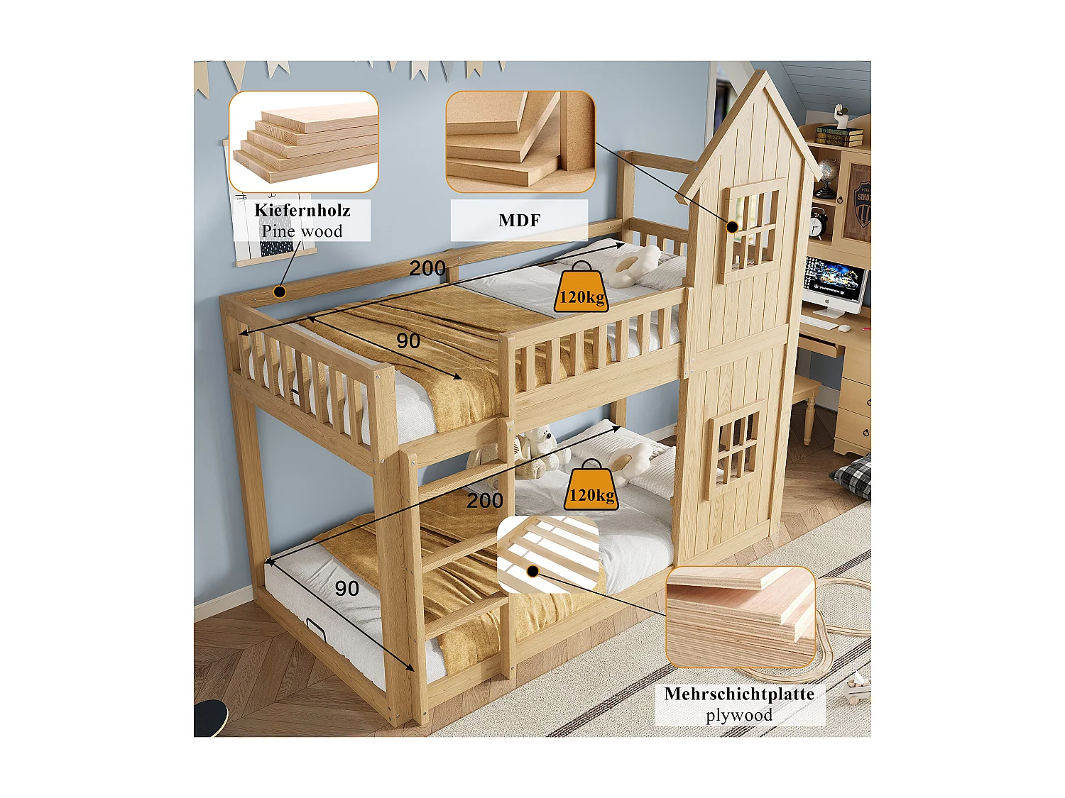 Barnsäng - 2 x 90 x 200 cm - med 2 fönster + trappa + skyddsräcke - furu och MDF - naturfärgad