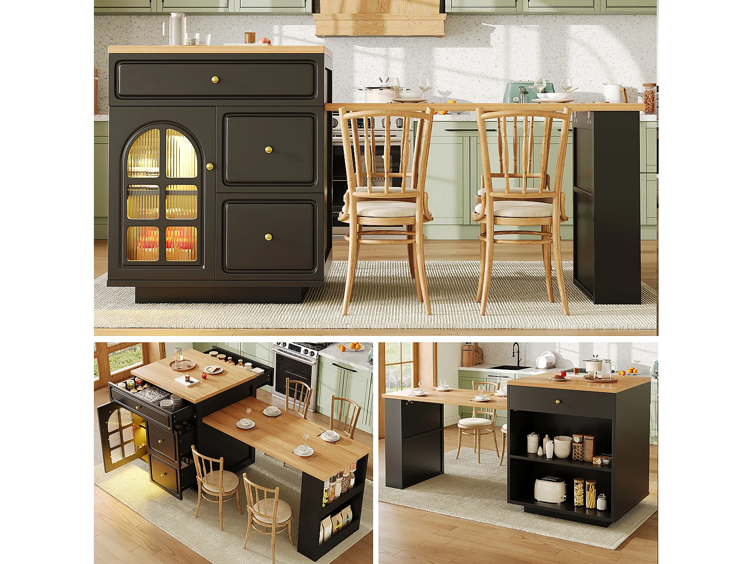 Îlot central plateau extensible - 122.5/195.5 x 59 x 93.5 cm - avec tiroirs + Leds + porte - MDF - noir