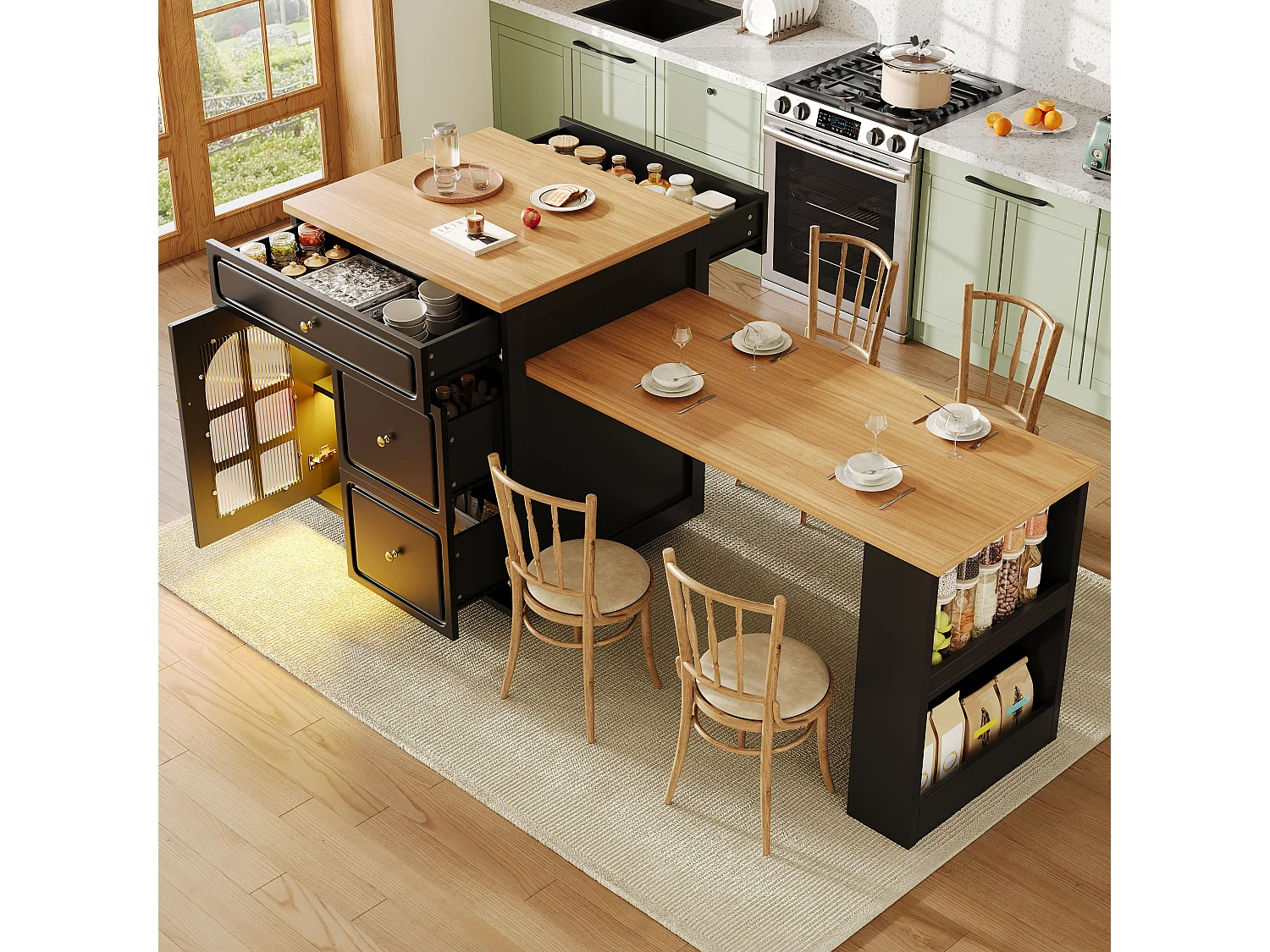 Îlot central plateau extensible - 122.5/195.5 x 59 x 93.5 cm - avec tiroirs + Leds + porte - MDF - noir