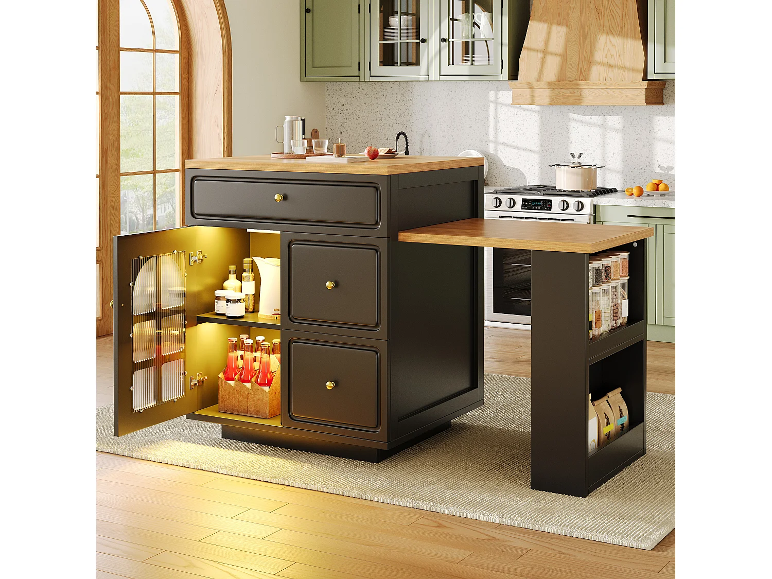 Îlot central plateau extensible - 122.5/195.5 x 59 x 93.5 cm - avec tiroirs + Leds + porte - MDF - noir