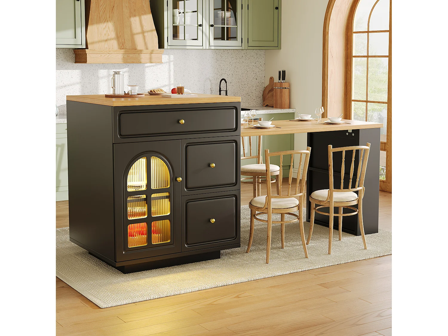 Îlot central plateau extensible - 122.5/195.5 x 59 x 93.5 cm - avec tiroirs + Leds + porte - MDF - noir