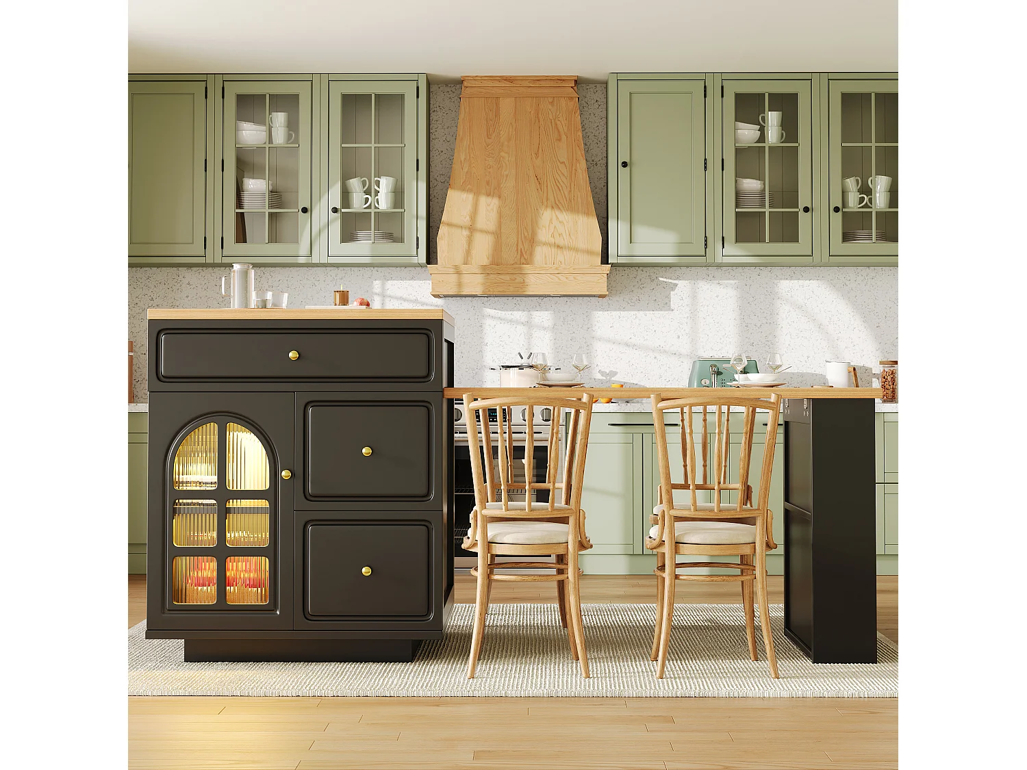 Îlot central plateau extensible - 122.5/195.5 x 59 x 93.5 cm - avec tiroirs + Leds + porte - MDF - noir