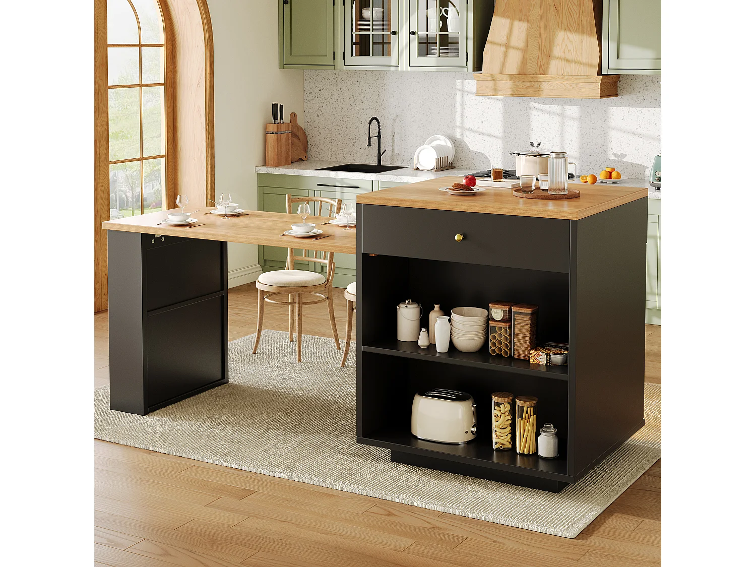 Îlot central plateau extensible - 122.5/195.5 x 59 x 93.5 cm - avec tiroirs + Leds + porte - MDF - noir