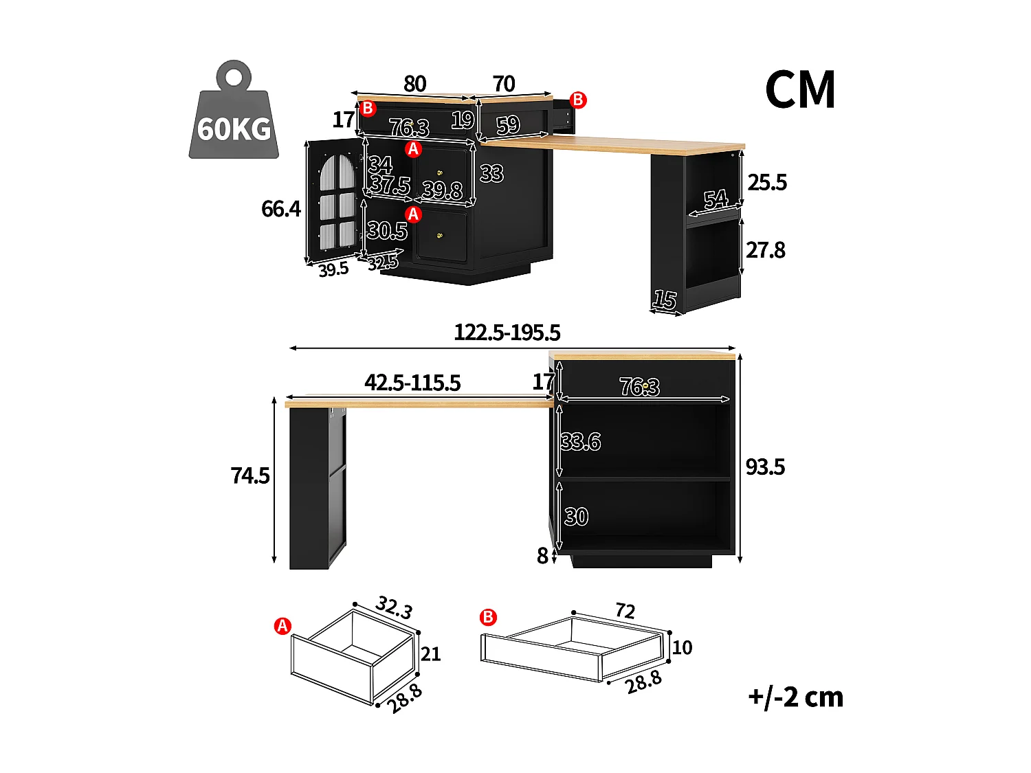 Îlot central plateau extensible - 122.5/195.5 x 59 x 93.5 cm - avec tiroirs + Leds + porte - MDF - noir