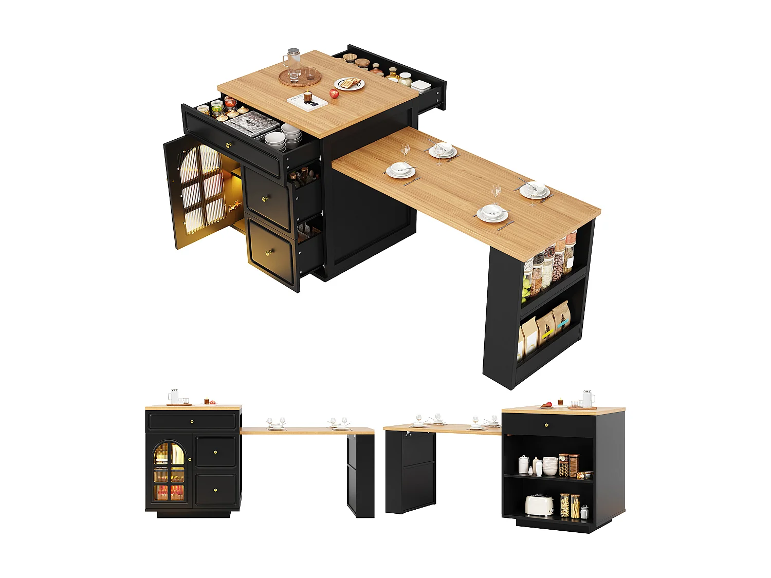 Îlot central plateau extensible - 122.5/195.5 x 59 x 93.5 cm - avec tiroirs + Leds + porte - MDF - noir