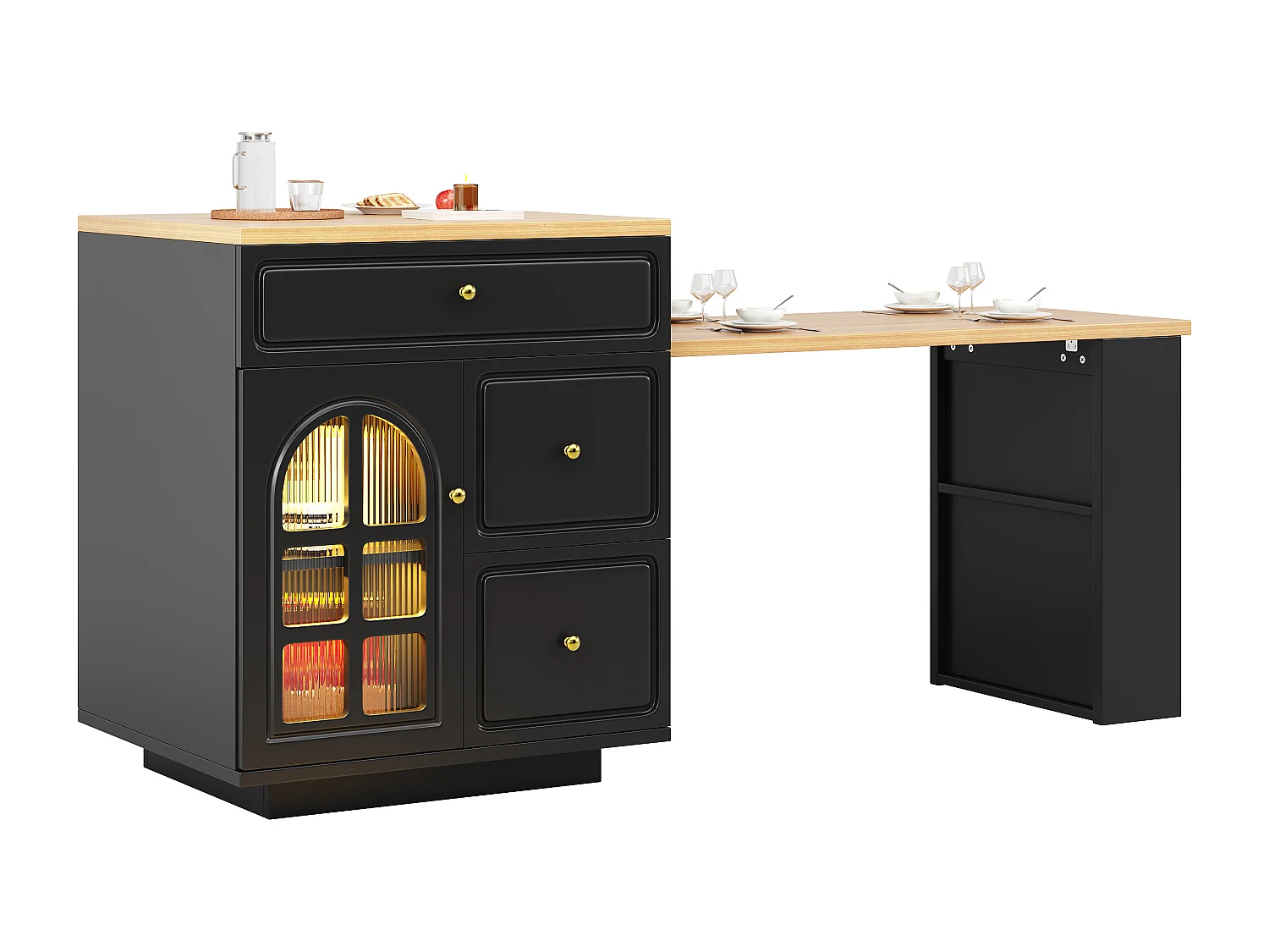 Îlot central plateau extensible - 122.5/195.5 x 59 x 93.5 cm - avec tiroirs + Leds + porte - MDF - noir
