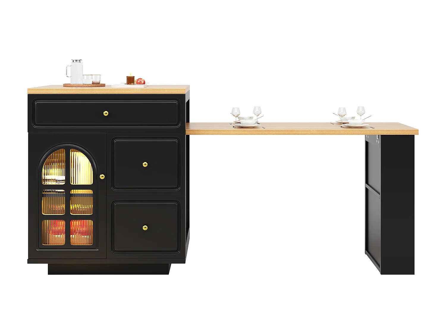 Îlot central plateau extensible - 122.5/195.5 x 59 x 93.5 cm - avec tiroirs + Leds + porte - MDF - noir