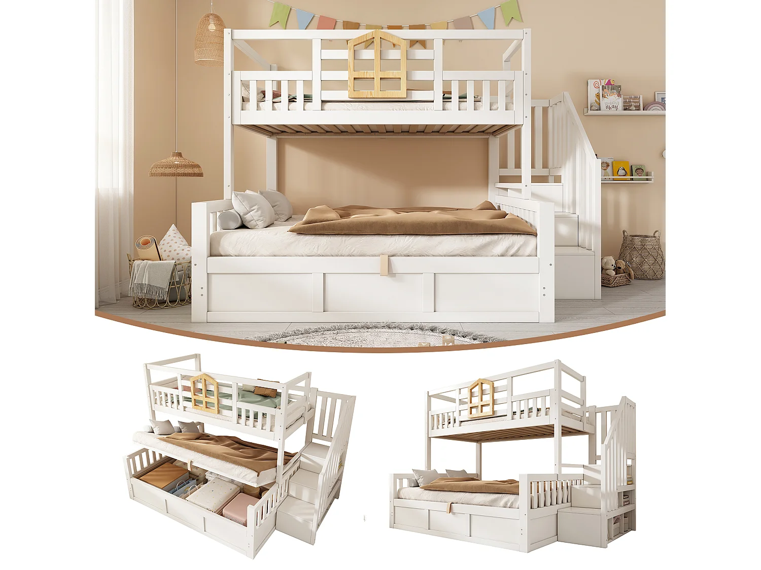 Children's bunk bed - 90 x 190 + 135 x 190 cm - with storage ladder + hydraulic chest - wood - natural + white