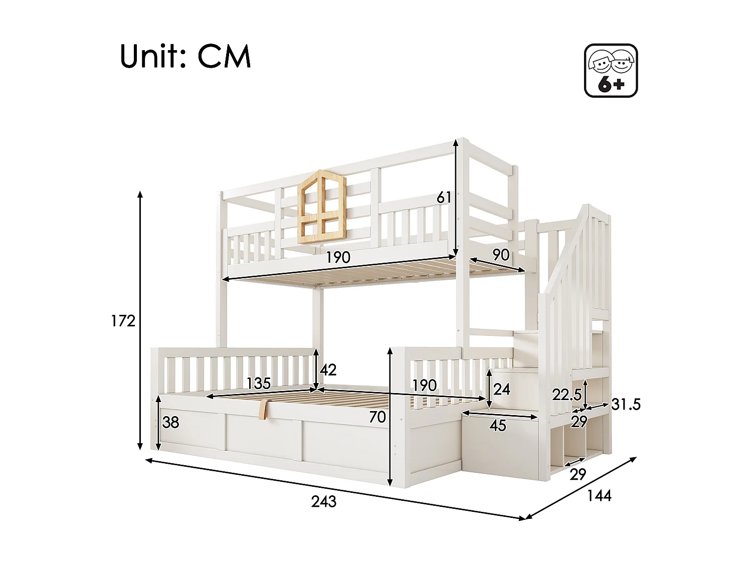 Children's bunk bed - 90 x 190 + 135 x 190 cm - with storage ladder + hydraulic chest - wood - natural + white