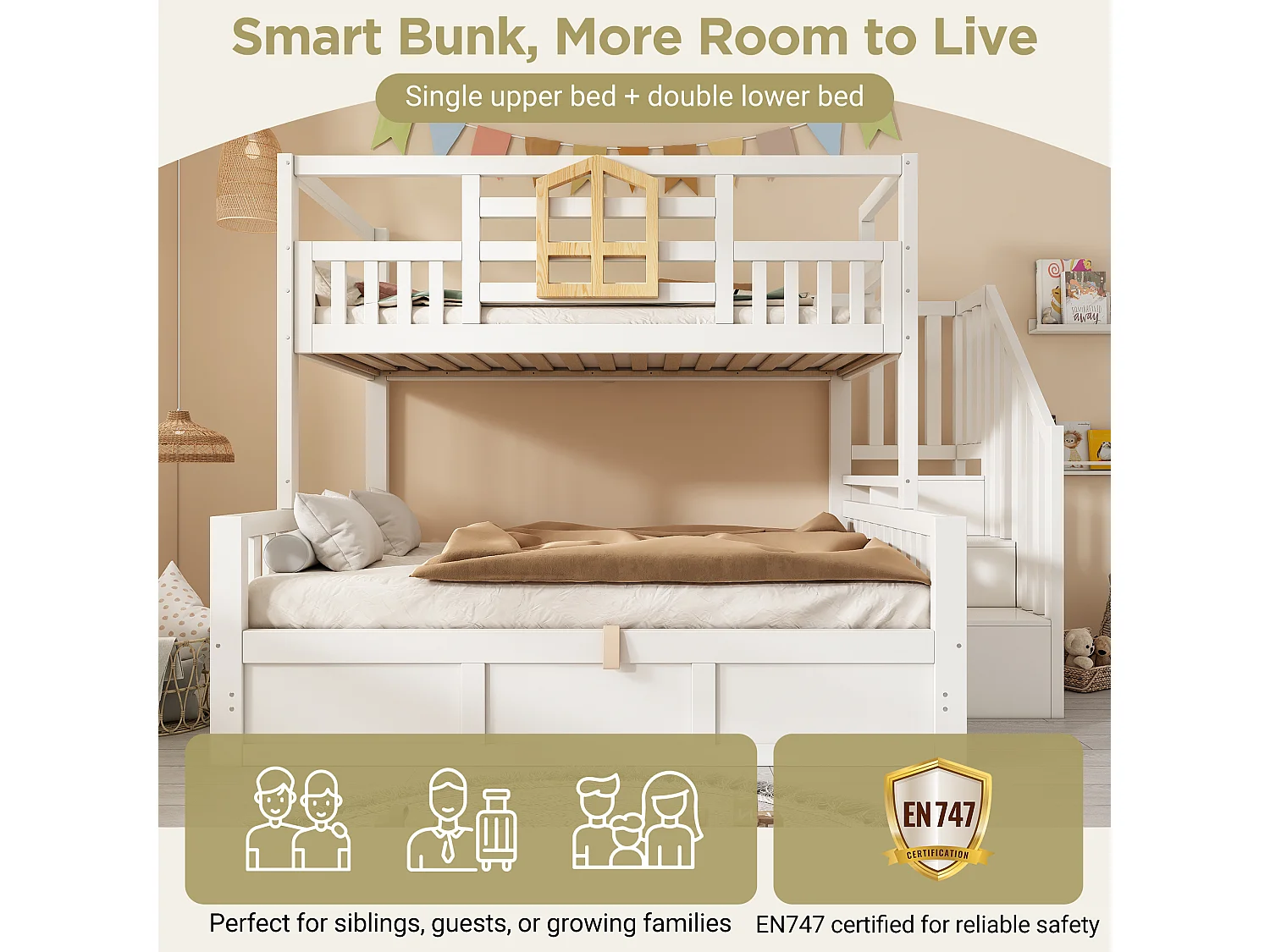 Children's bunk bed - 90 x 190 + 135 x 190 cm - with storage ladder + hydraulic chest - wood - natural + white