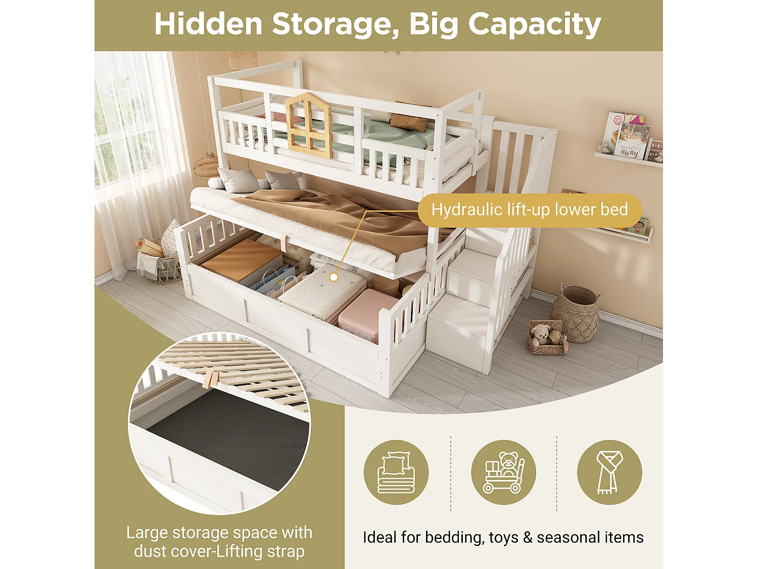 Children's bunk bed - 90 x 190 + 135 x 190 cm - with storage ladder + hydraulic chest - wood - natural + white