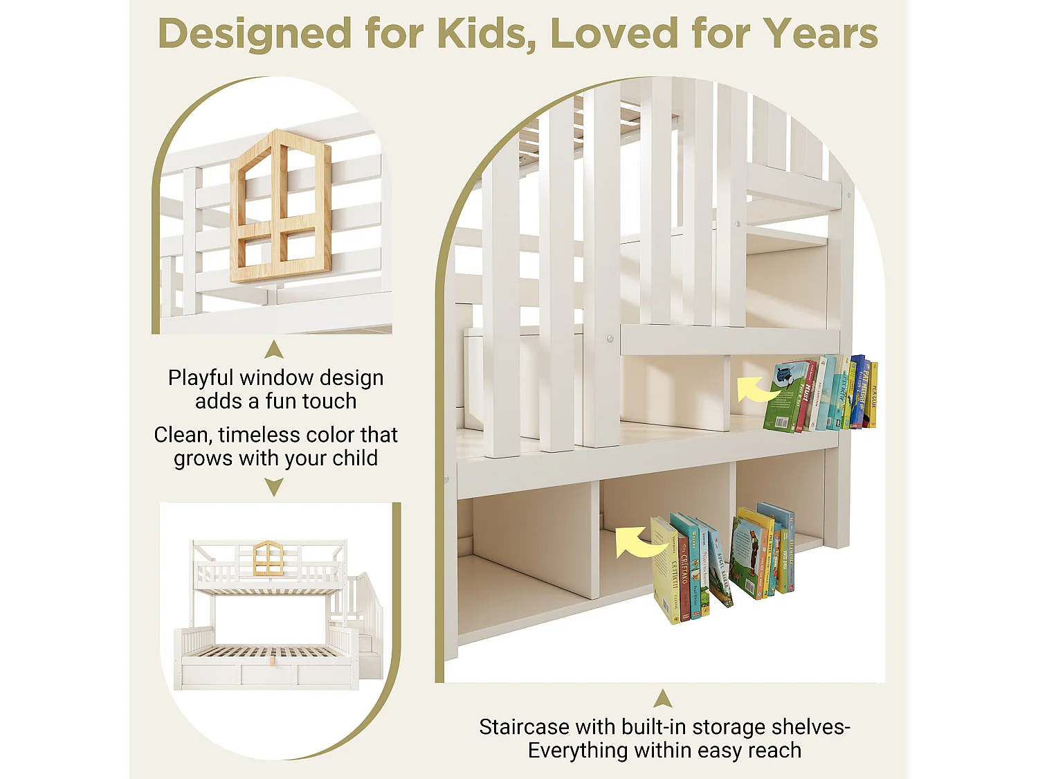 Children's bunk bed - 90 x 190 + 135 x 190 cm - with storage ladder + hydraulic chest - wood - natural + white