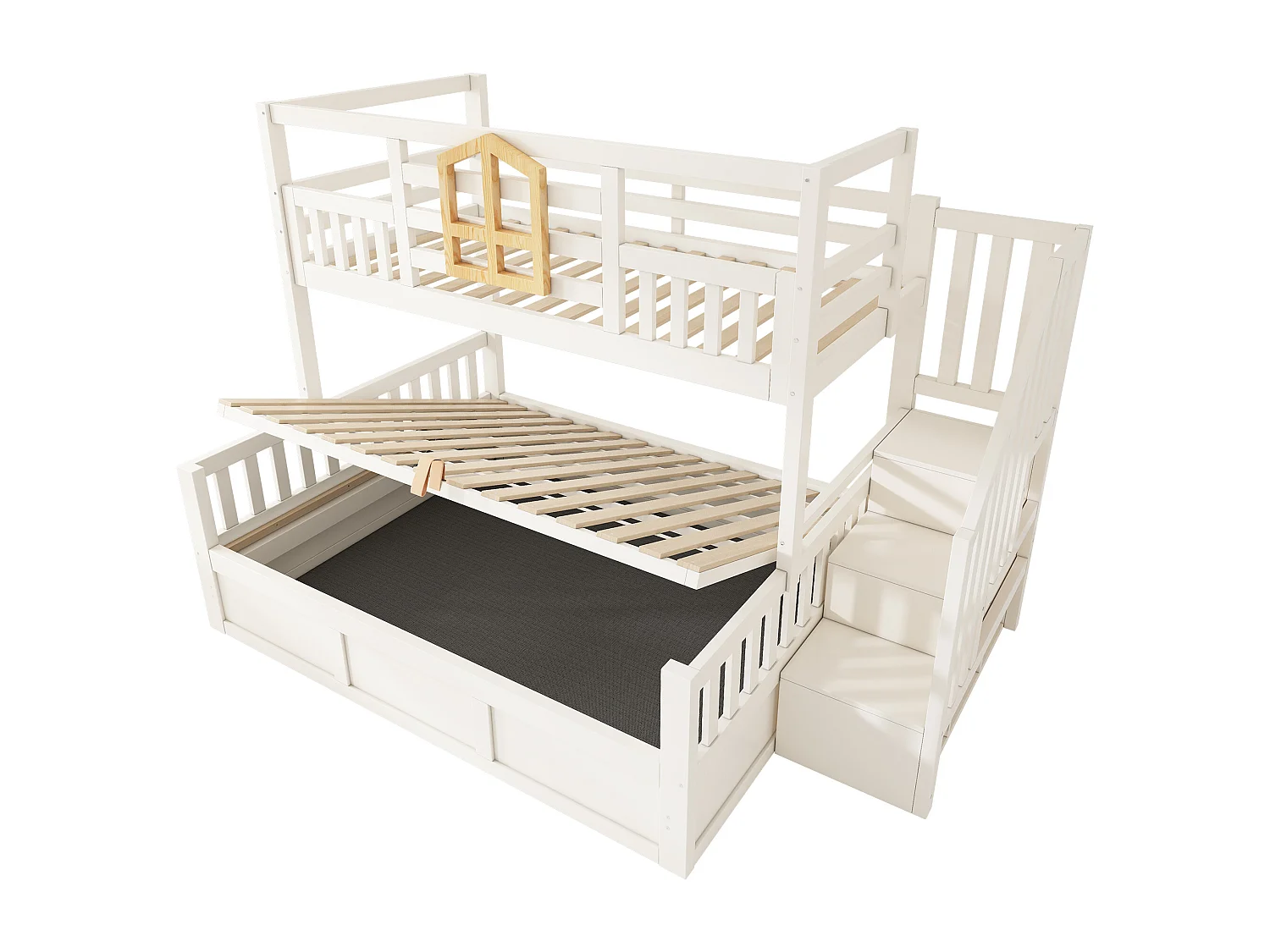 Children's bunk bed - 90 x 190 + 135 x 190 cm - with storage ladder + hydraulic chest - wood - natural + white
