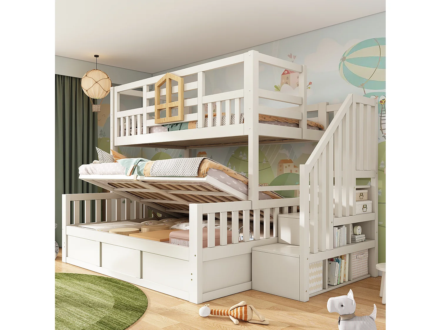 Children's bunk bed - 90 x 190 + 135 x 190 cm - with storage ladder + hydraulic chest - wood - natural + white
