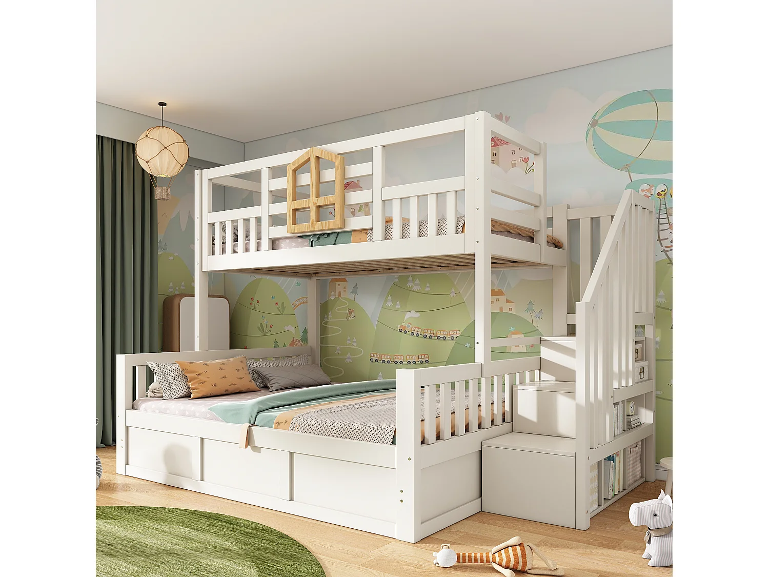 Children's bunk bed - 90 x 190 + 135 x 190 cm - with storage ladder + hydraulic chest - wood - natural + white
