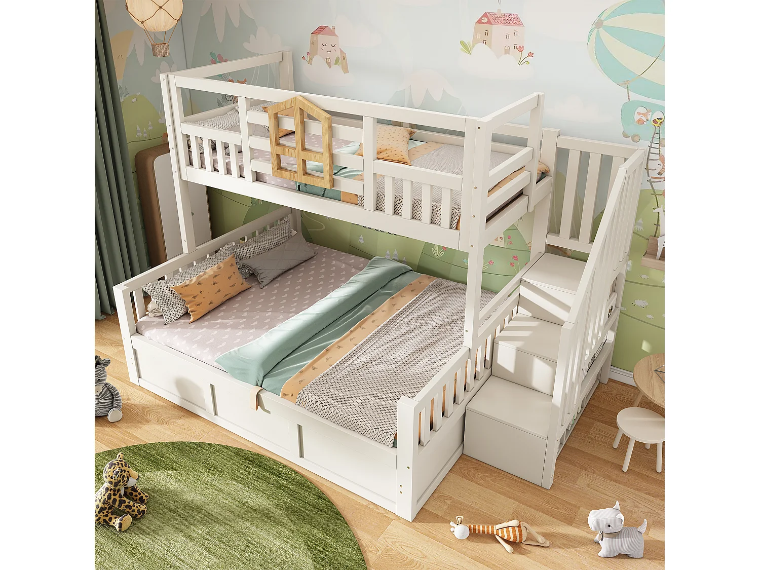 Children's bunk bed - 90 x 190 + 135 x 190 cm - with storage ladder + hydraulic chest - wood - natural + white