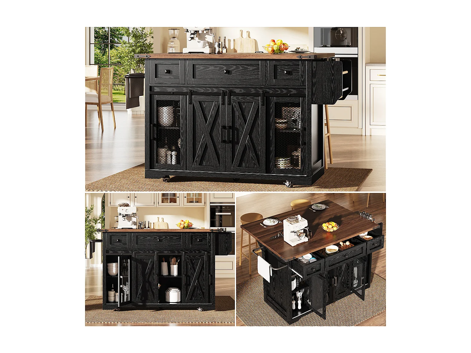 Îlot central mobile - 120.2 x 45.3/75 x 91.5 cm - avec plan de travail extensible + prise - MDF - noir