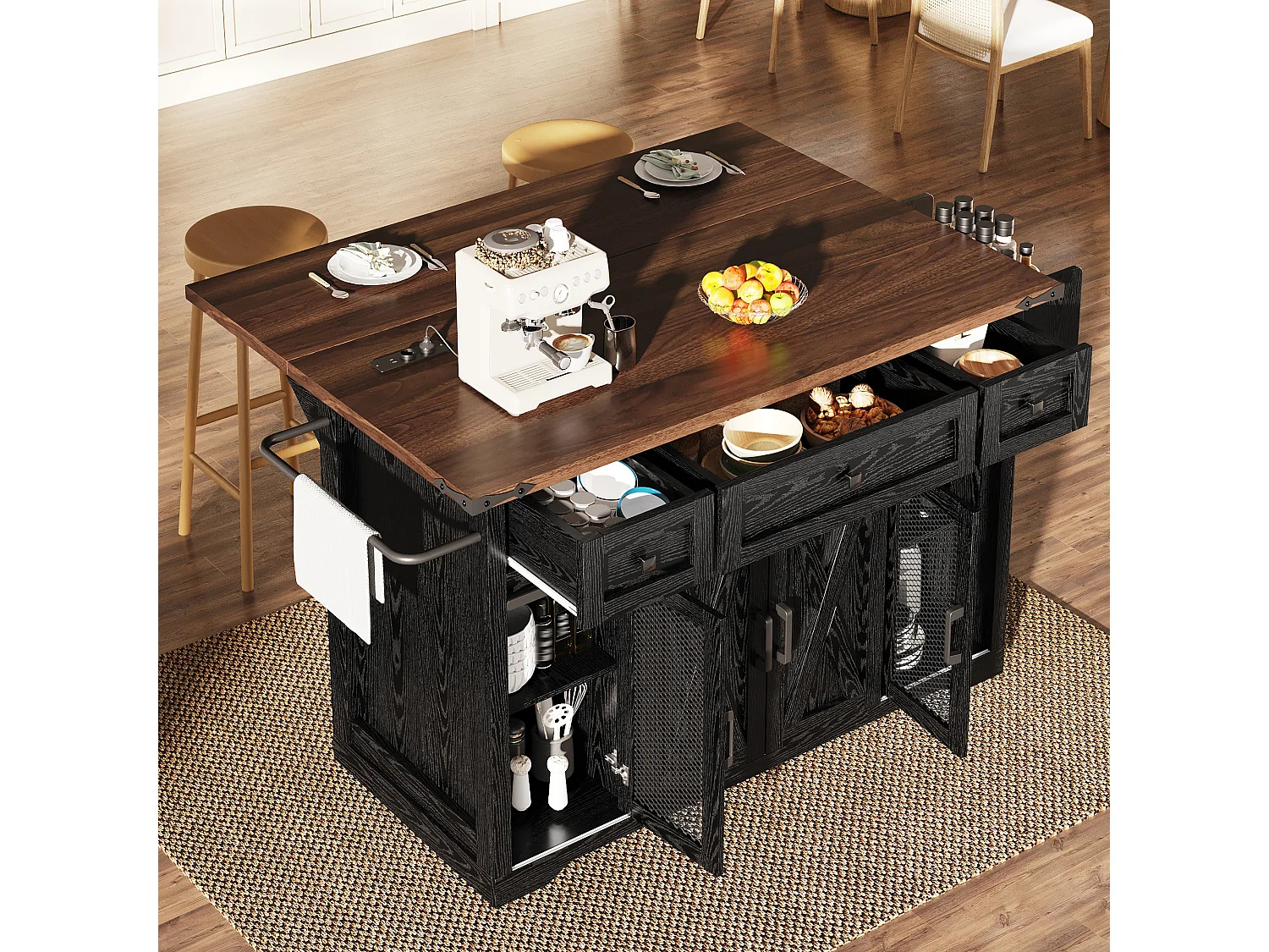Îlot central mobile - 120.2 x 45.3/75 x 91.5 cm - avec plan de travail extensible + prise - MDF - noir