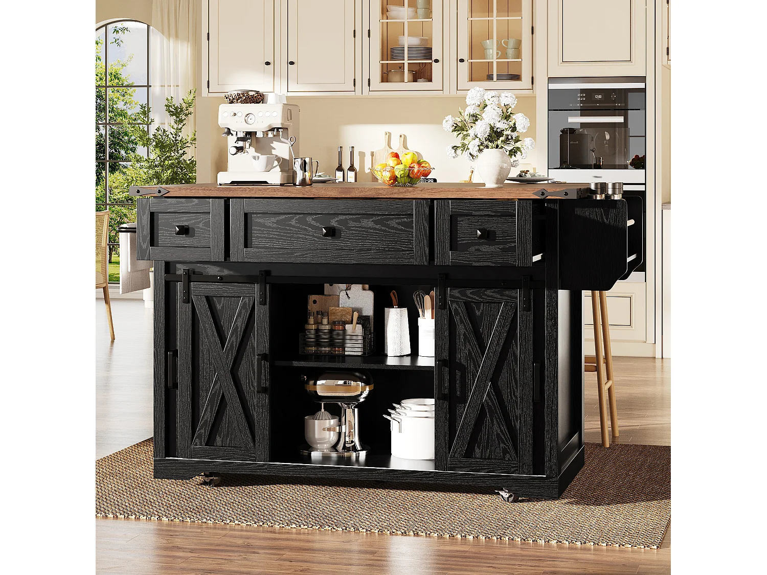 Îlot central mobile - 120.2 x 45.3/75 x 91.5 cm - avec plan de travail extensible + prise - MDF - noir