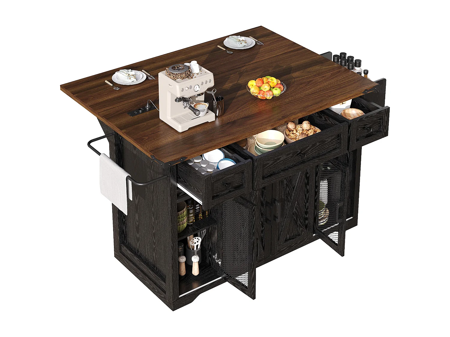 Îlot central mobile - 120.2 x 45.3/75 x 91.5 cm - avec plan de travail extensible + prise - MDF - noir