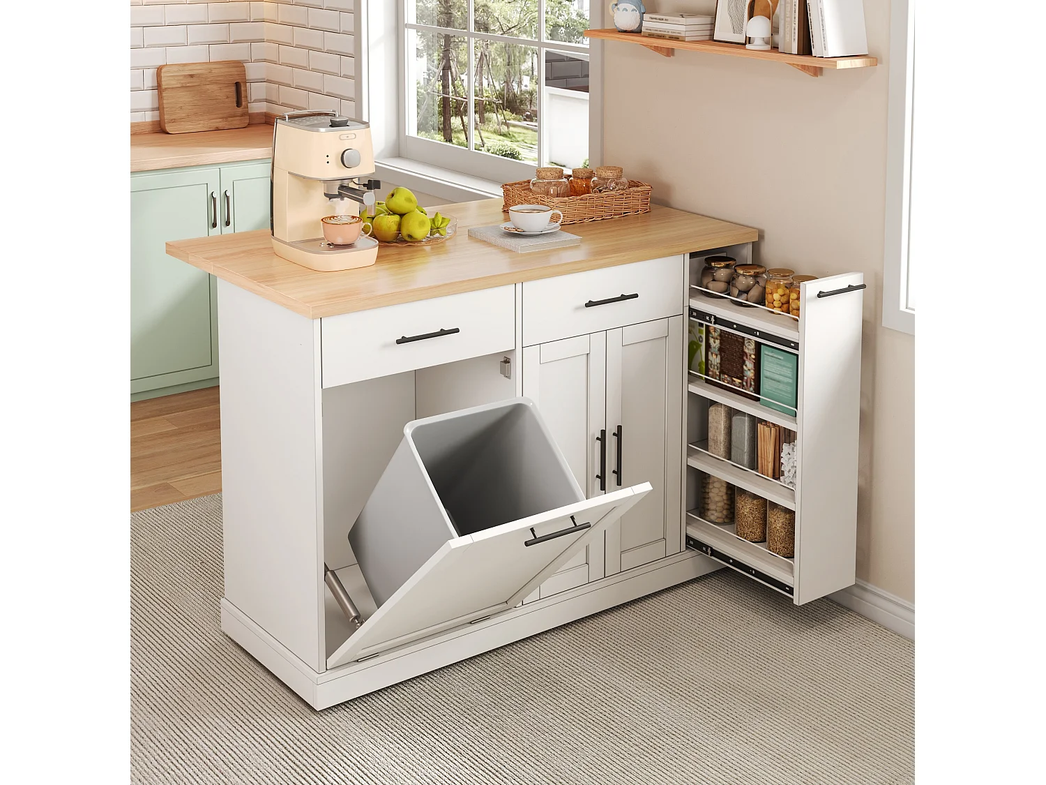 Îlot de cuisine à roulettes - 120 x 45/70 x 93.5 cm - avec plateau rabattable + meuble pour poubelle + 2 tiroirs - MDF - blanc