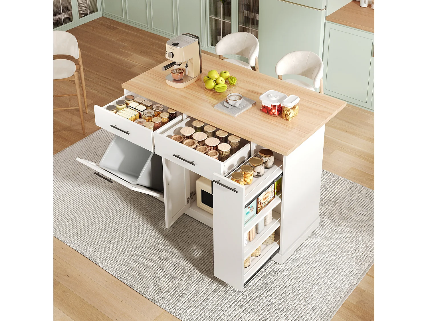 Îlot de cuisine à roulettes - 120 x 45/70 x 93.5 cm - avec plateau rabattable + meuble pour poubelle + 2 tiroirs - MDF - blanc