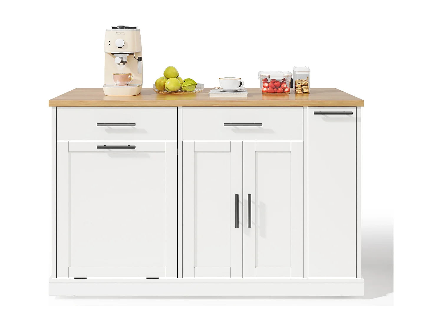 Îlot de cuisine à roulettes - 120 x 45/70 x 93.5 cm - avec plateau rabattable + meuble pour poubelle + 2 tiroirs - MDF - blanc