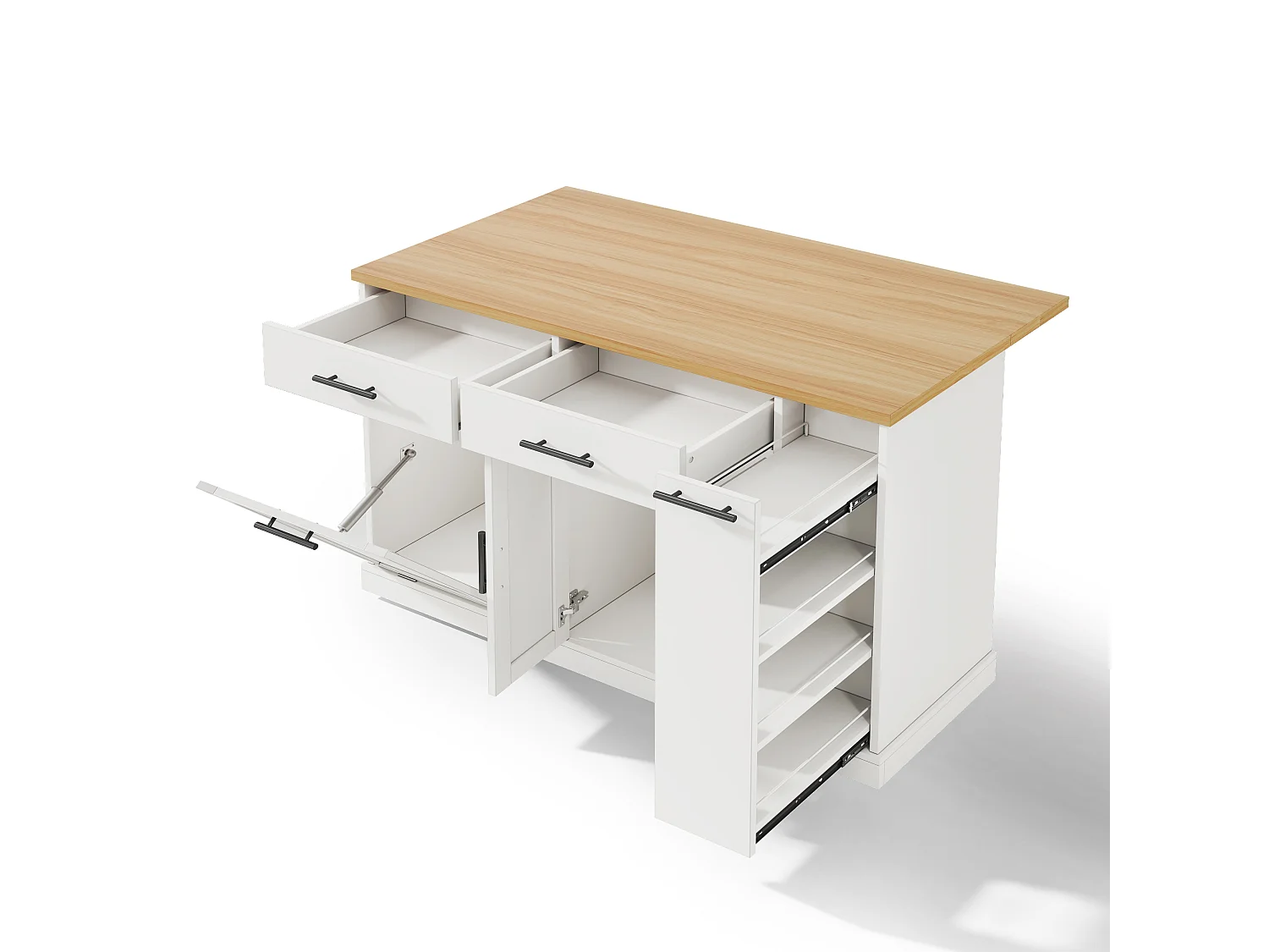 Îlot de cuisine à roulettes - 120 x 45/70 x 93.5 cm - avec plateau rabattable + meuble pour poubelle + 2 tiroirs - MDF - blanc